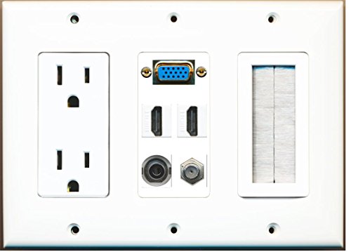 RiteAV - (3 Gang 15A Power Outlet Mesh-Brush Svga 2 HDMI Coax 3.5mm Wall Plate White