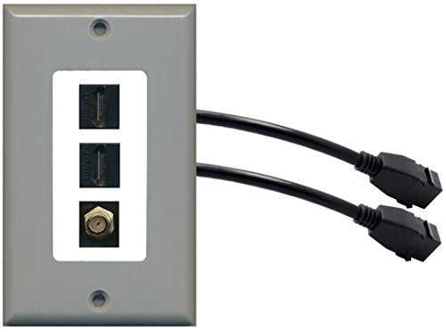 RiteAV (1 Gang Decorative 2 HDMI Black Coax Wall Plate w/Pigtail Extension Cable Gray on White