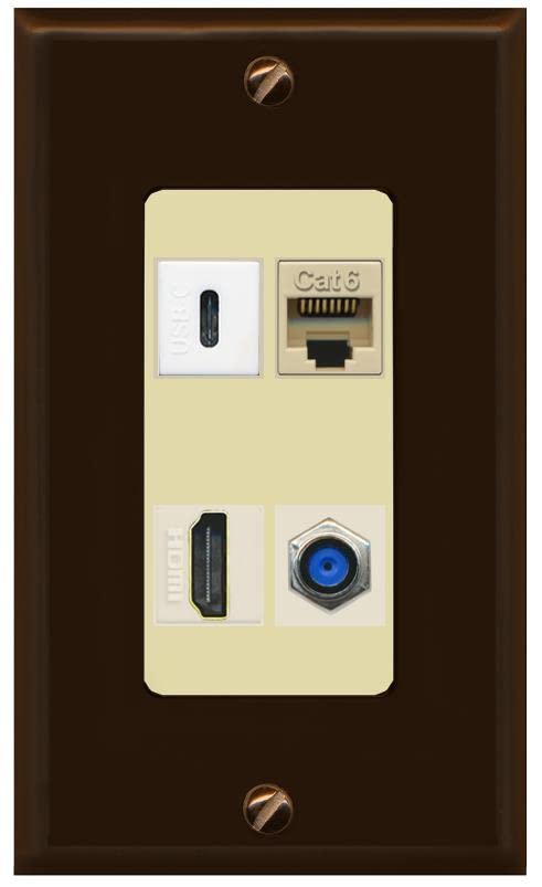 RiteAV USBC HDMI Cat6 Coax F81 Wall Plate - 1 Gang [Brown/Ivory]