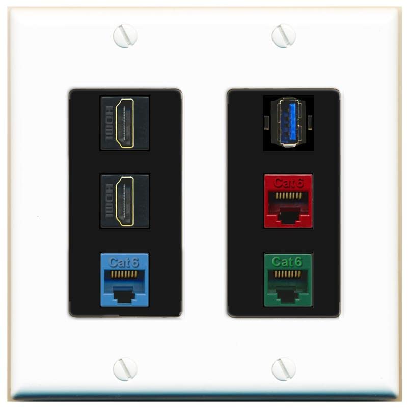 RiteAV 2 HDMI 3 Cat6 Ethernet USB3 Mixed Color Wall Plate - 2 Gang [White/Black]
