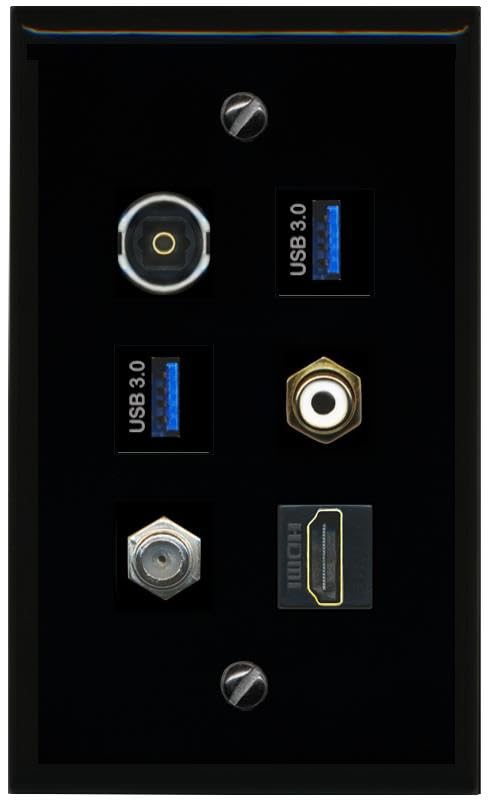 RiteAV Coax HDMI RCA White TOSLINK 2 USB 3 Flat/Solid Wall Plate [Black]