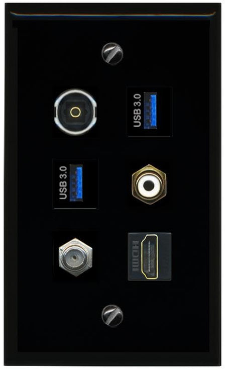 RiteAV Coax HDMI RCA White TOSLINK 2 USB 3 Flat/Solid Wall Plate [Black]