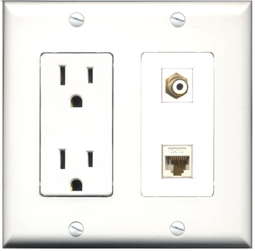 RiteAV - 15 Amp Power Outlet and 1 Port RCA White and 1 Port Cat6 Ethernet White Decorative Type Wall Plate White