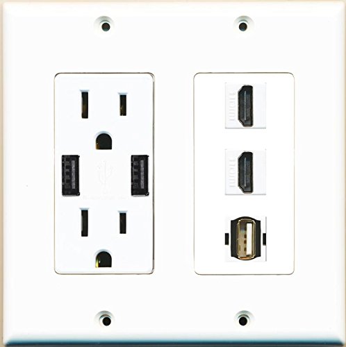 RiteAV Power Outlet 2 USB Charger 2 HDMI White USB A-A Wall Plate White