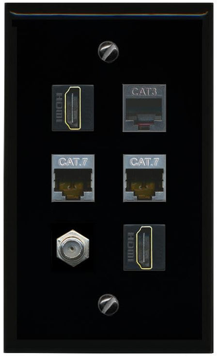 RiteAV 2 CAT7 Coax 2 HDMI Phone Flat/Solid Wall Plate [Black]