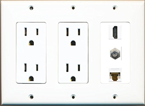 RiteAV 15 Amp Duplex Power Outlets (x2) and 1 HDMI Cat6 Coax Wall Plate White