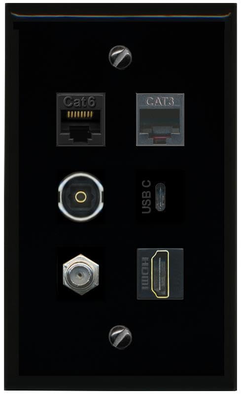 RiteAV CAT6 Coax HDMI Phone TOSLINK USBC Flat/Solid Wall Plate [Black]