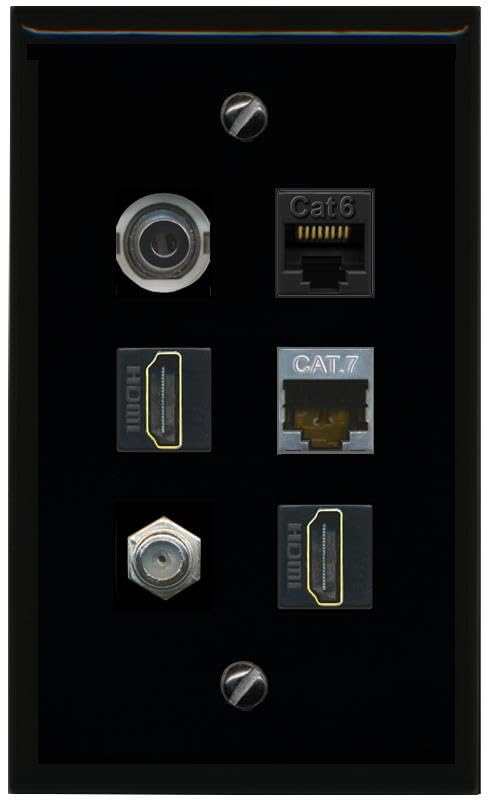 RiteAV 3.5mm CAT6 CAT7 COAX 2 HDMI Flat/Solid Wall Plate [Black]