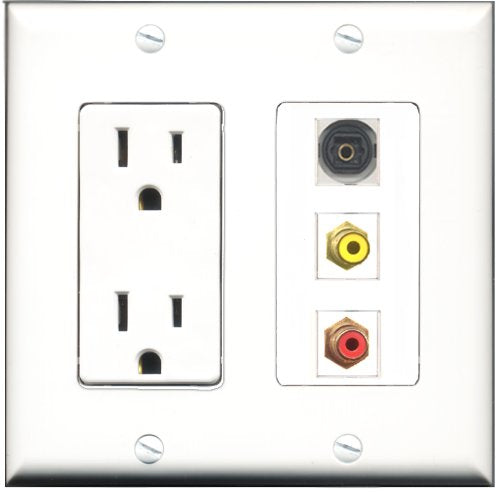 RiteAV - 15 Amp Power Outlet 1 Port RCA Red 1 Port RCA Yellow 1 Port Toslink Decorative Wall Plate