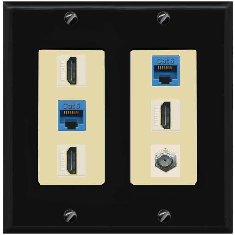 RiteAV 3 HDMI Wall Plate 2 Cat6 1 Coax - 2 Gang [Black/Ivory]