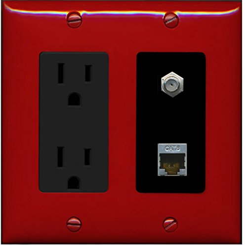 RiteAV - 15 Amp Power Outlet 1 Port Coax Cable TV- F-Type and Shielded Cat6 Ethernet Wall Plate - Red/Black