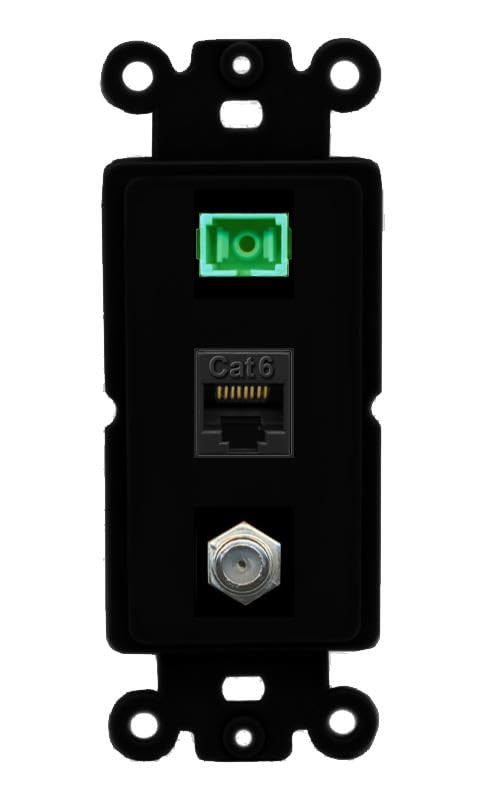 RiteAV 1 Port Fiber Optic Jack SC Simplex APC + Cat6 + Coax Wall Plate-Rocker Black/Black