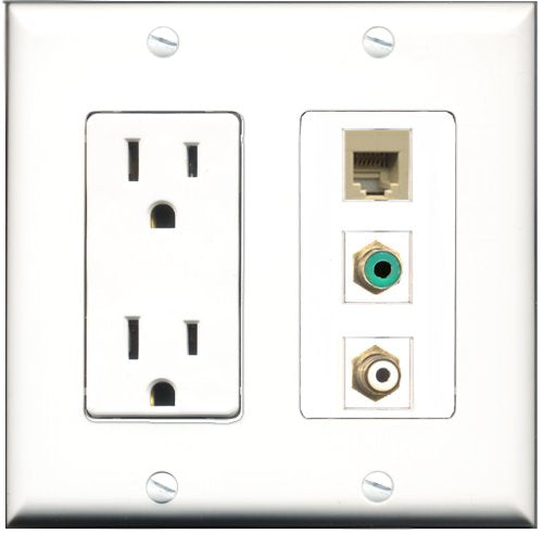 RiteAV - 15 Amp Power Outlet 1 Port RCA White 1 Port RCA Green 1 Port Phone Beige Decorative Wall Plate
