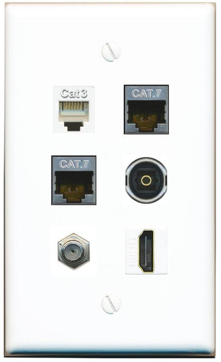 RiteAV 2 CAT7 Coax HDMI Phone TOSLINK Flat/Solid Wall Plate [White]