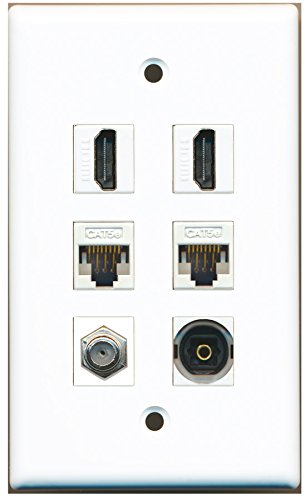 RiteAV - 2 HDMI 1 Port Coax Cable TV- F-Type 1 Port Toslink 2 Port Cat5e Ethernet White Wall Plate