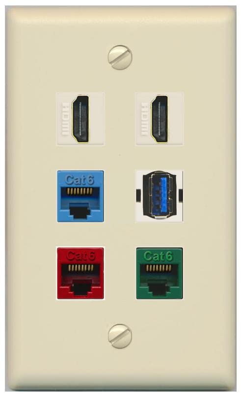 RiteAV 2 HDMI 3 Cat6 Ethernet USB3 Mixed Color Wall Plate - Flat [Ivory/Ivory]