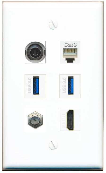 RiteAV 3.5mm Coax HDMI Phone 2 USB-3 Flat/Solid Wall Plate [White]