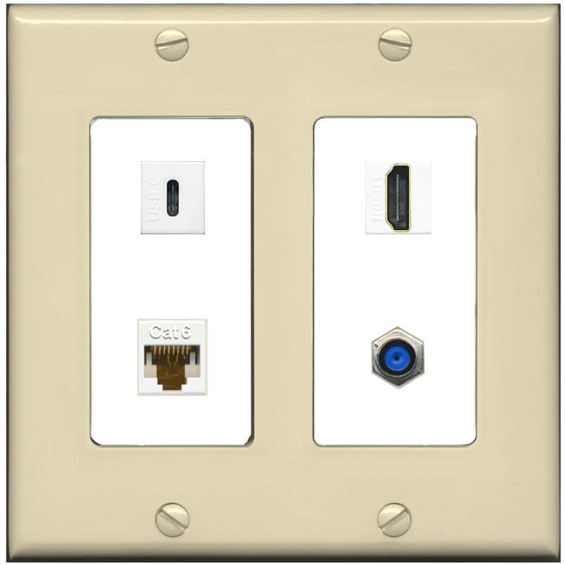 RiteAV USBC HDMI Cat6 Coax F81 Wall Plate - 2 Gang [Ivory/White]