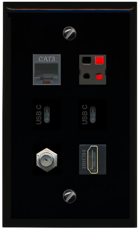 RiteAV COAX HDMI PHONE SPEAKER 2 USBC Flat/Solid Wall Plate [Black]