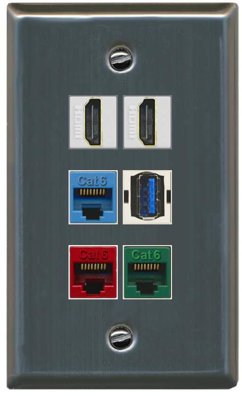 RiteAV 2 HDMI 3 Cat6 Ethernet USB3 Mixed Color Wall Plate - Flat [Stainless Steel]