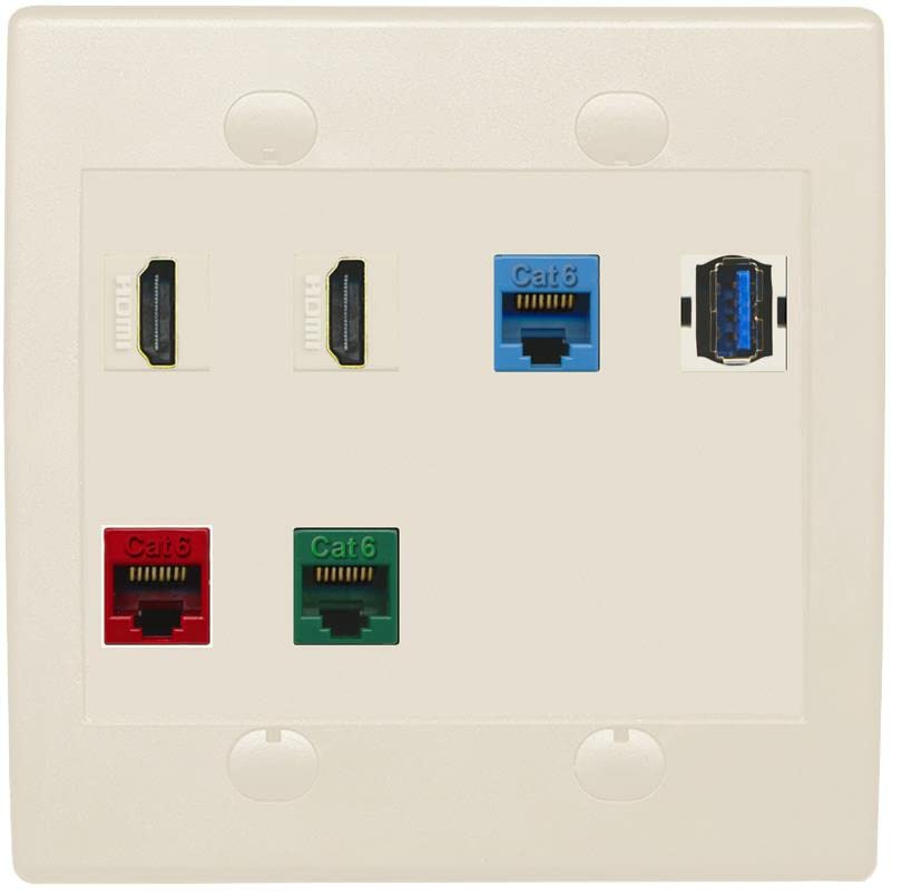 RiteAV 2 HDMI 3 Cat6 Ethernet USB3 Mixed Color Wall Plate - Flat 2 Gang [Light Almond]