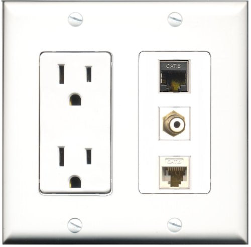 RiteAV - 15 Amp Power Outlet 1 Port RCA White 1 Port Shielded Cat6 Ethernet Ethernet 1 Port Cat6 Ethernet Ethernet White Decorative Wall Plate