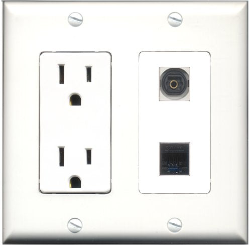 RiteAV - 15 Amp Power Outlet and 1 Port Toslink and 1 Port Cat5e Ethernet Black Decorative Type Wall Plate White