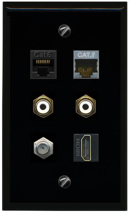 RiteAV CAT6 CAT7 COAX HDMI 2 RCA WHITE Flat/Solid Wall Plate [Black]