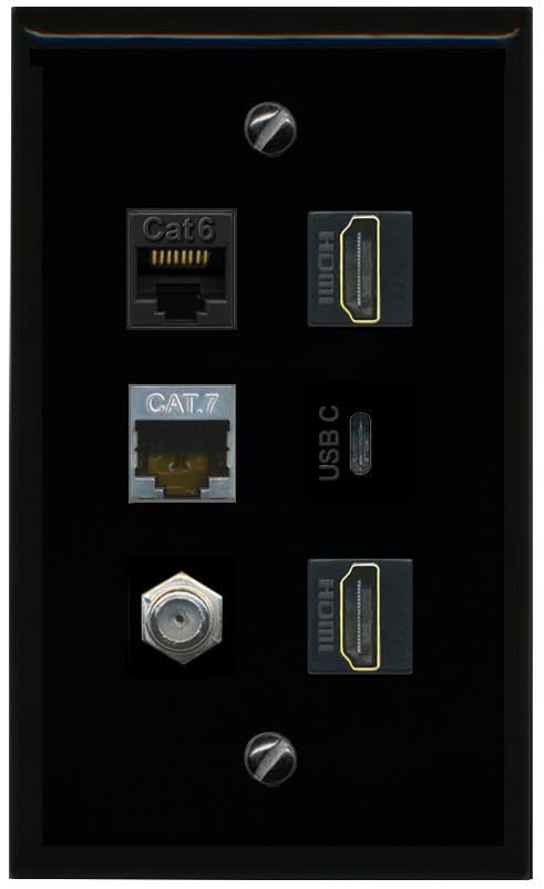 RiteAV CAT6 CAT7 Coax 2 HDMI USBC Flat/Solid Wall Plate [Black]