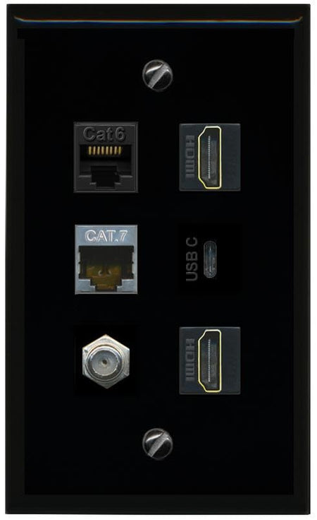 RiteAV CAT6 CAT7 Coax 2 HDMI USBC Flat/Solid Wall Plate [Black]