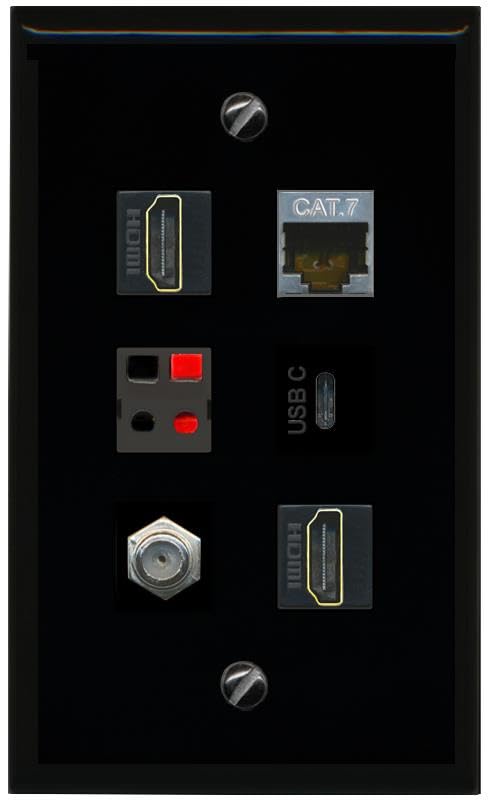 RiteAV CAT7 Coax 2 HDMI Speaker USBC Flat/Solid Wall Plate [Black]