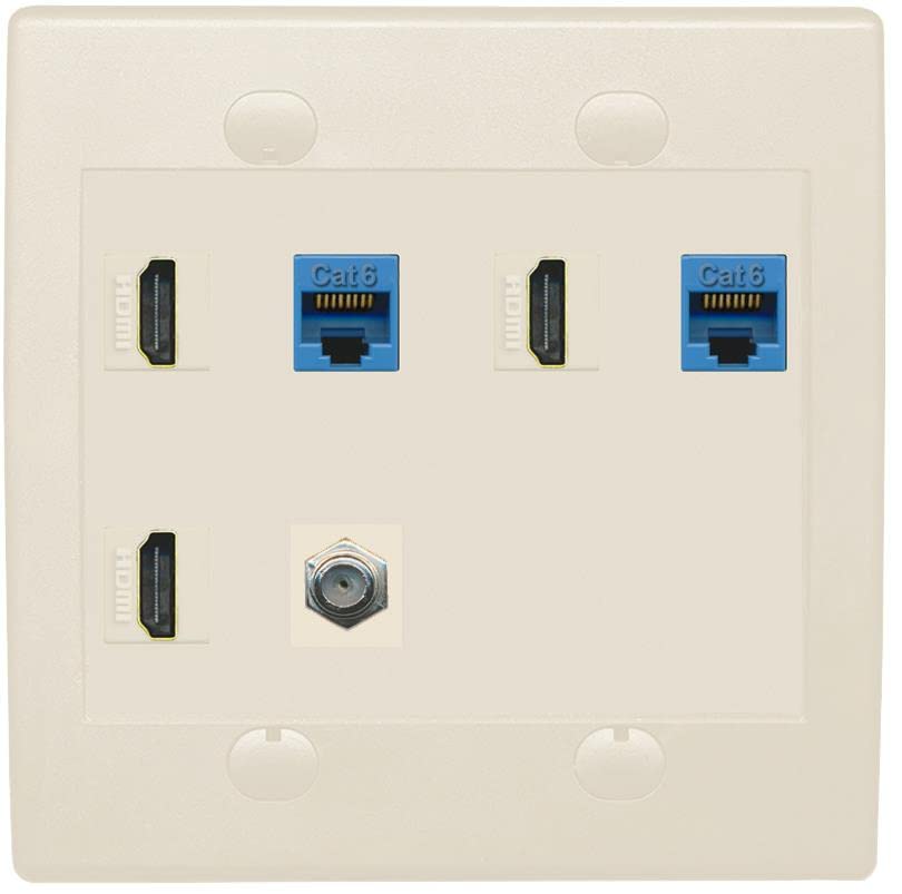 RiteAV 3 HDMI Wall Plate 2 Cat6 1 Coax - Flat 2 Gang [Light Almond]