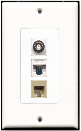 RiteAV 1 Port Phone RJ11 RJ12 Beige 1 BNC 1 Cat5e Ethernet White Wall Plate OVERSIZED