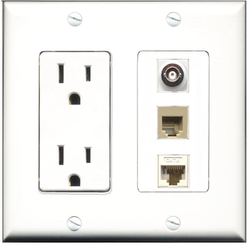 RiteAV - 15 Amp Power Outlet 1 Port Phone Beige 1 Port BNC 1 Port Cat6 Ethernet Ethernet White Decorative Wall Plate