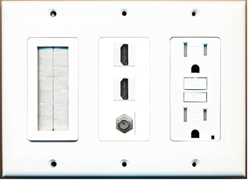 RiteAV - (3 Gang 15A GFCI Outlet Mesh-Brush 2 HDMI Coax Wall Plate White