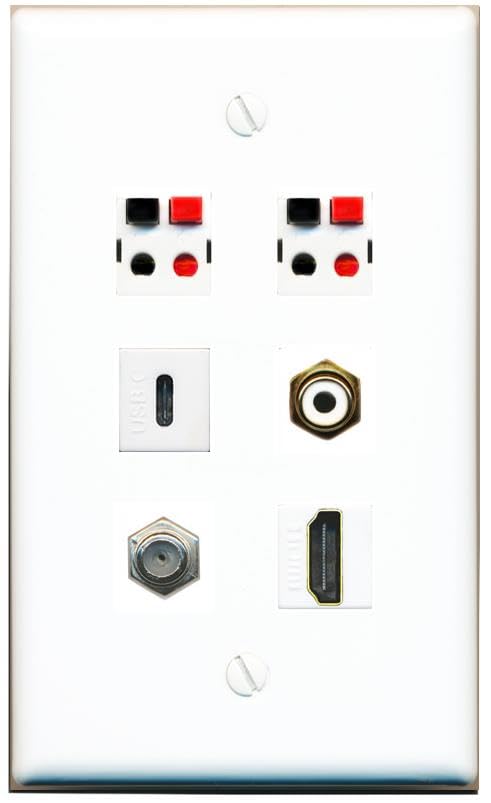 RiteAV COAX HDMI RCA-WHITE 2 SPEAKER USBC Flat/Solid Wall Plate [White]