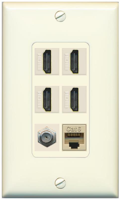 RiteAV - 4 Port HDMI 1 Coax Cable TV- F-Type 1 Cat6 Ethernet Wall Plate Decorative - Light Almond