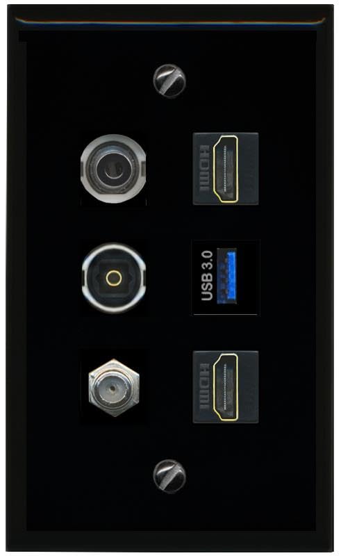 RiteAV 3.5mm Coax 2 HDMI TOSLINK USB 3 Flat/Solid Wall Plate [Black]