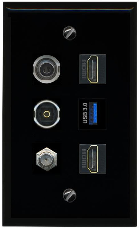 RiteAV 3.5mm Coax 2 HDMI TOSLINK USB 3 Flat/Solid Wall Plate [Black]