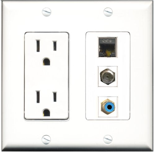 RiteAV - 15 Amp Power Outlet 1 Port RCA Blue 1 Port Coax 1 Port Shielded Cat6 Ethernet Ethernet Decorative Wall Plate