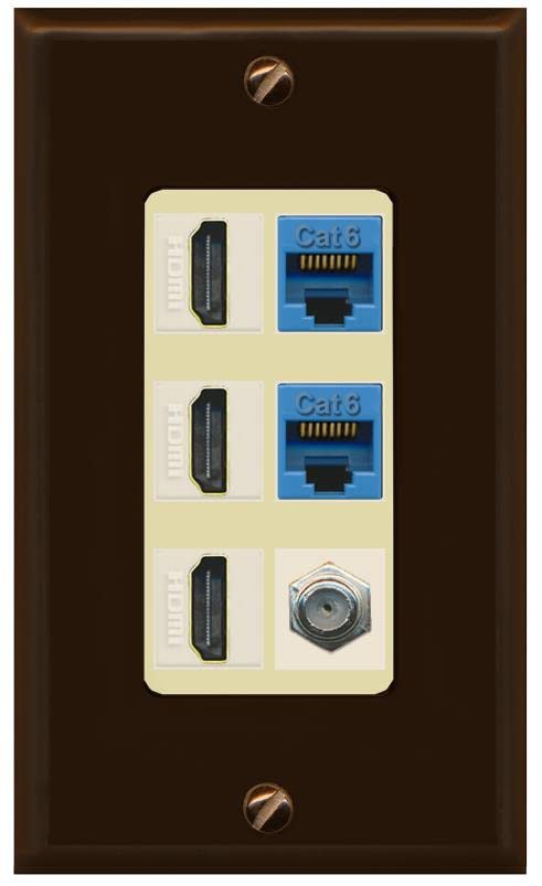 RiteAV 3 HDMI Wall Plate 2 Cat6 1 Coax - 1 Gang [Brown/Ivory]