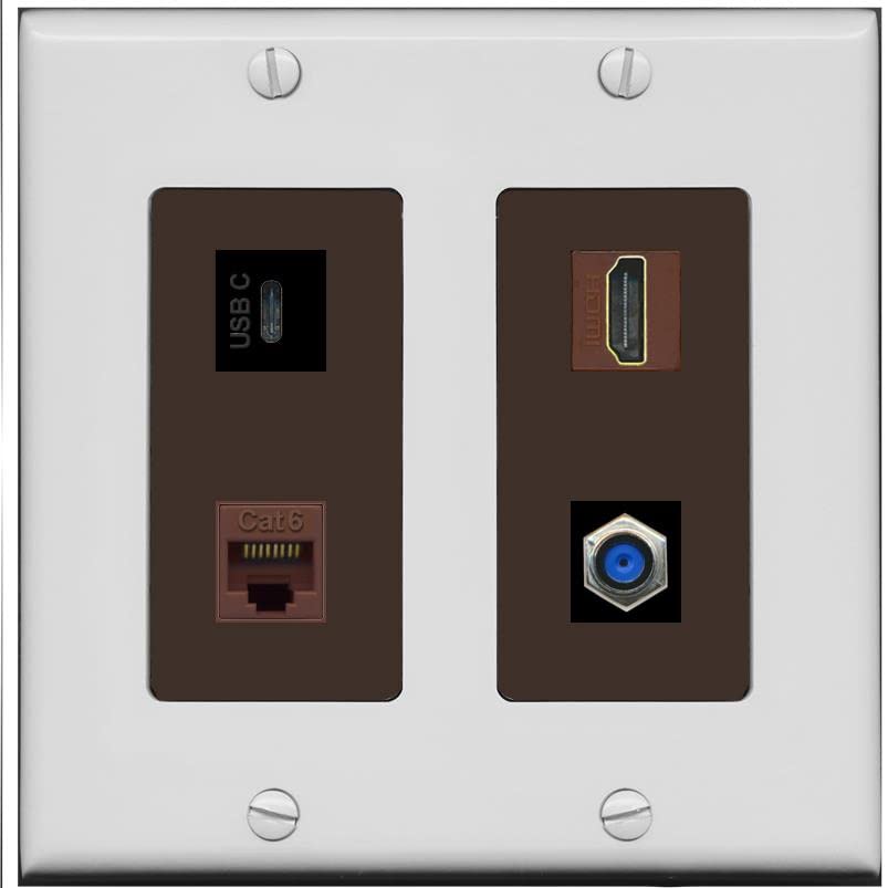 RiteAV USBC HDMI Cat6 Coax F81 Wall Plate - 2 Gang [Gray/Brown]