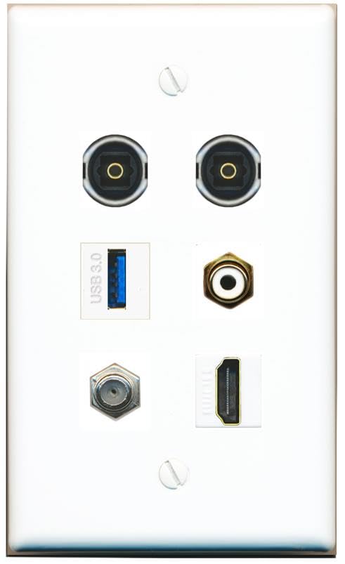 RiteAV Coax HDMI RCA-White 2 TOSLINK USB-3 Flat/Solid Wall Plate [White]