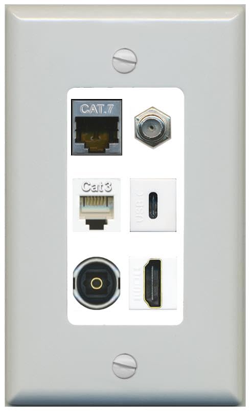 CAT7 COAX HDMI PHONE TOSLINK USBC Wall Plate-1 Gang Gray/White