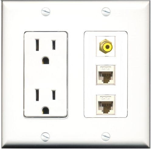 RiteAV - 15 Amp Power Outlet 1 Port RCA Yellow 2 Port Cat6 Ethernet Ethernet White Decorative Wall Plate