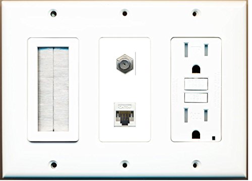 RiteAV - (3 Gang 15A GFCI Outlet Mesh-Brush Coax Cat5e White Wall Plate White