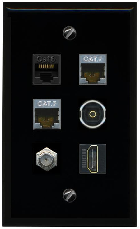 RiteAV CAT6 2 CAT7 Coax HDMI TOSLINK Flat/Solid Wall Plate [Black]