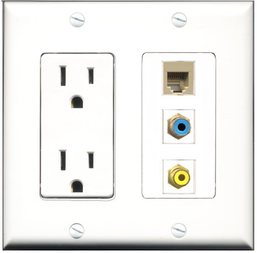 RiteAV - 15 Amp Power Outlet 1 Port RCA Yellow 1 Port RCA Blue 1 Port Phone Beige Decorative Wall Plate