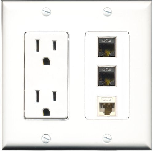 RiteAV - 15 Amp Power Outlet 2 Port Shielded Cat6 Ethernet Ethernet 1 Port Cat6 Ethernet Ethernet White Decorative Wall Plate