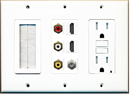 RiteAV - (3 Gang 15A GFCI Outlet Mesh-Brush 2 HDMI Coax Composite Video Wall Plate White